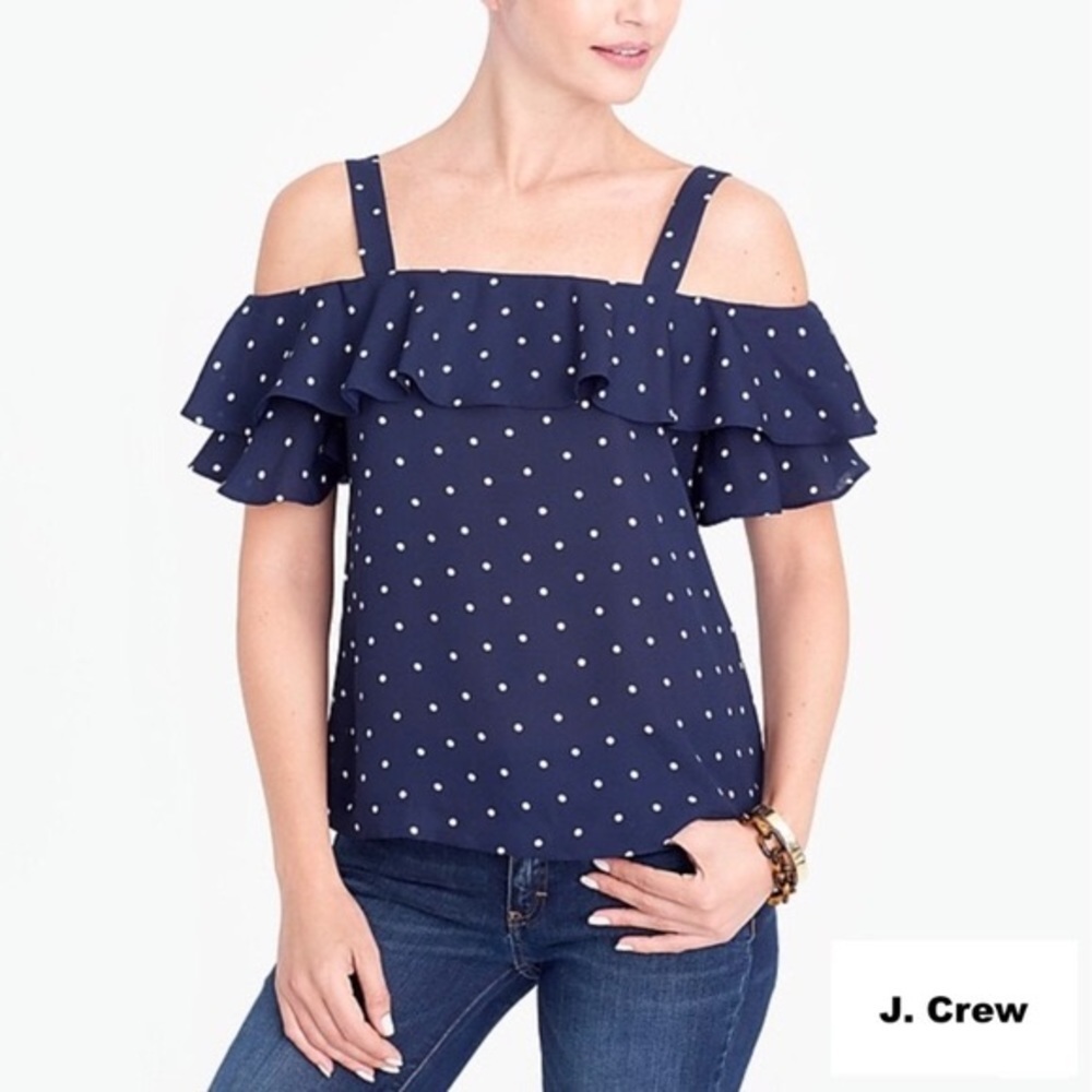 NWT J. Crew Blue White Polka Dot Cold Shoulder Blouse Womens 0